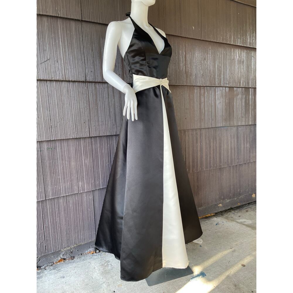 🔥90s Y2K Scott McClintock Halter Neck Black White Maxi Dress 4 Old Hollywood